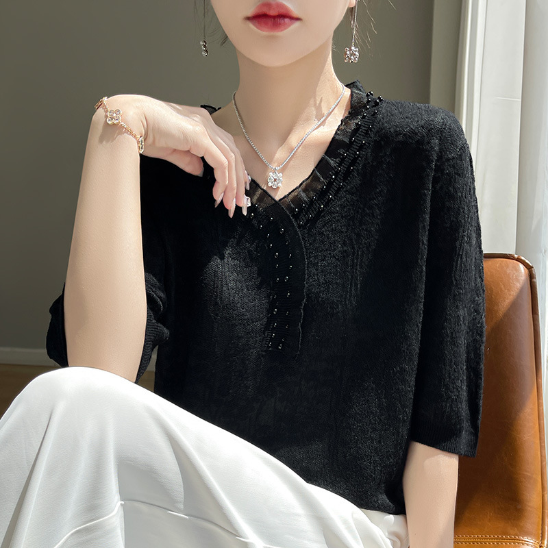 氣質小眾提花上衣V領冰絲釘珠針織短袖
