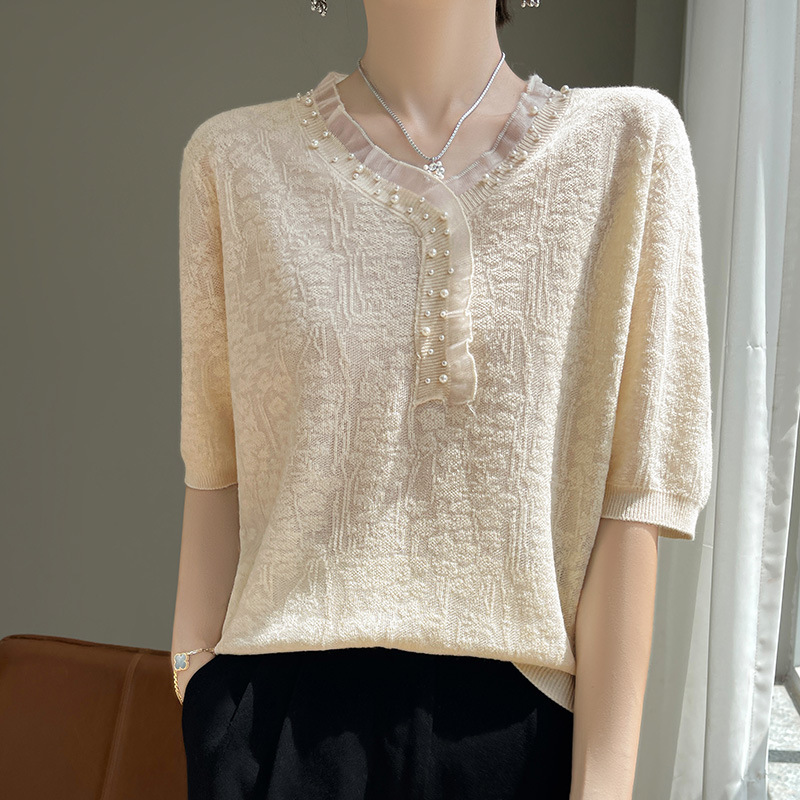氣質小眾提花上衣V領冰絲釘珠針織短袖