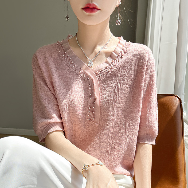 氣質小眾提花上衣V領冰絲釘珠針織短袖