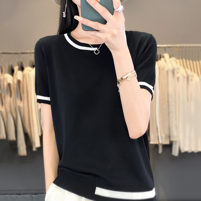 休閒簡約拼色薄款冰絲針織短袖