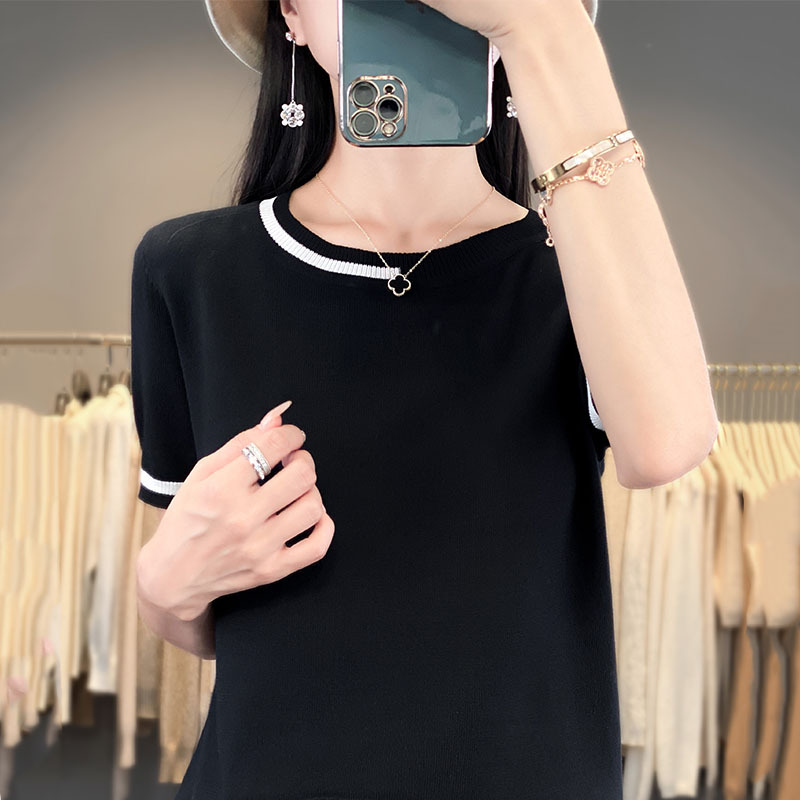 休閒簡約拼色薄款冰絲針織短袖