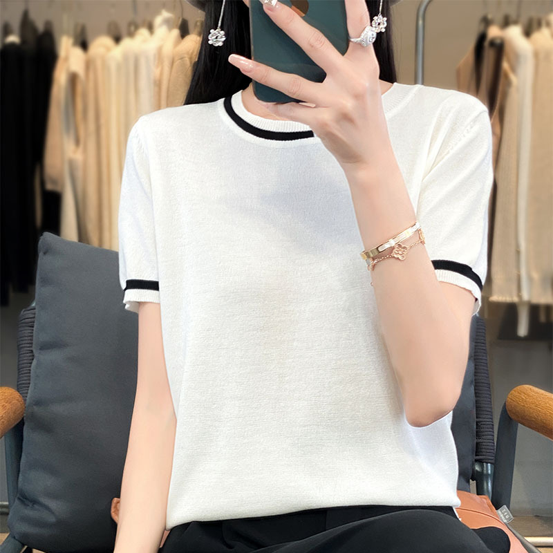 休閒簡約拼色薄款冰絲針織短袖