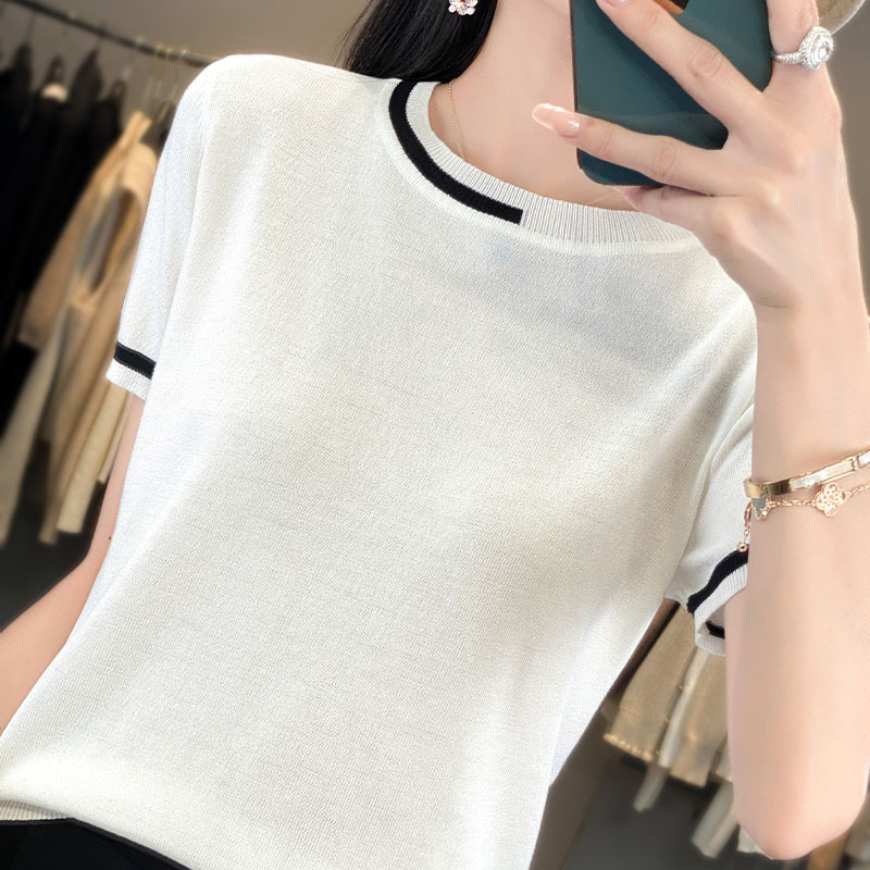 休閒簡約拼色薄款冰絲針織短袖