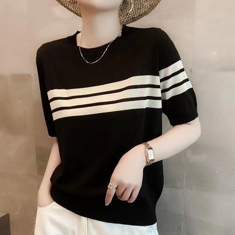 韓版減齡顯瘦條紋圓領打底針織短袖