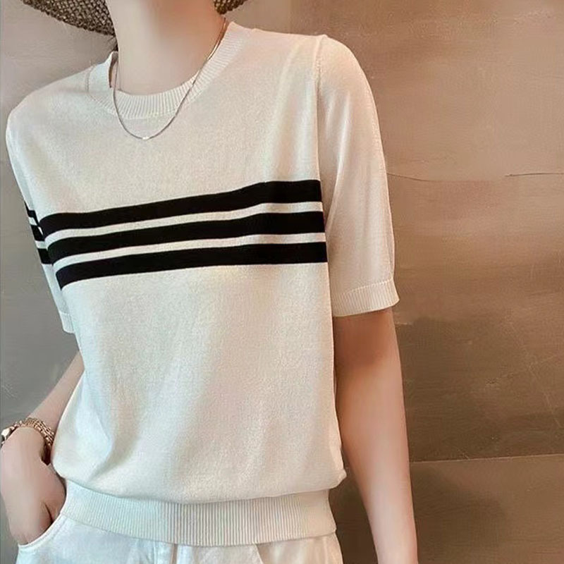 韓版減齡顯瘦條紋圓領打底針織短袖