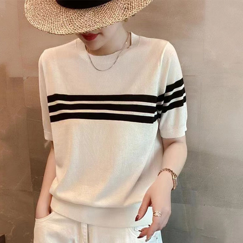 韓版減齡顯瘦條紋圓領打底針織短袖