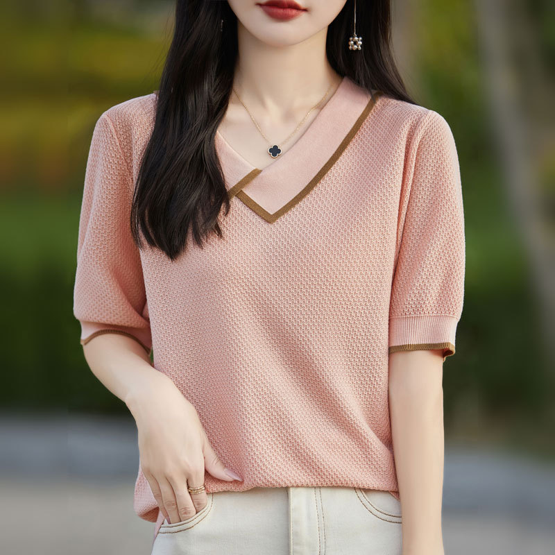 法式設計感小眾洋氣上衣撞色翻領天絲針織短袖