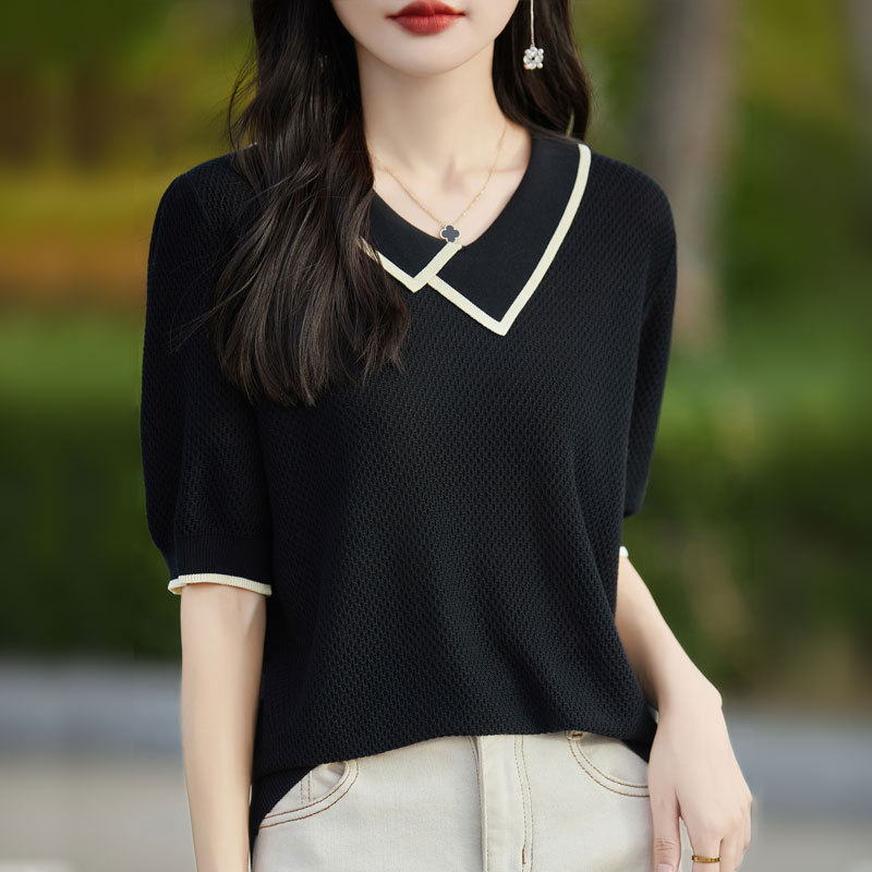 法式設計感小眾洋氣上衣撞色翻領天絲針織短袖