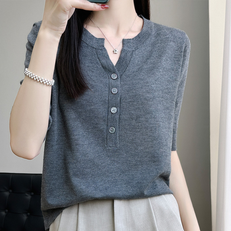 春夏薄款慵懶休閒V領針織短袖T卹