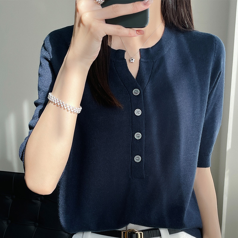 春夏薄款慵懶休閒V領針織短袖T卹