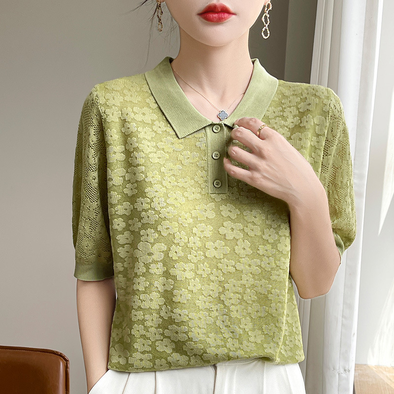 小眾設計感減齡洋氣POLO領針織短袖t卹