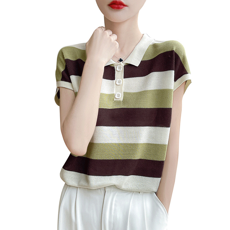 時尚洋氣薄款拼色POLO領飛飛袖針織短袖