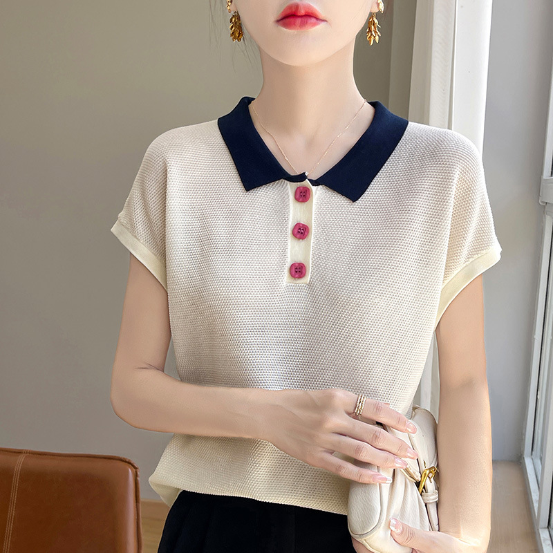 時尚洋氣薄款拼色POLO領飛飛袖針織短袖