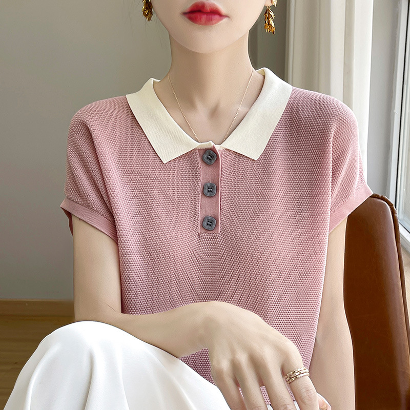 時尚洋氣薄款拼色POLO領飛飛袖針織短袖