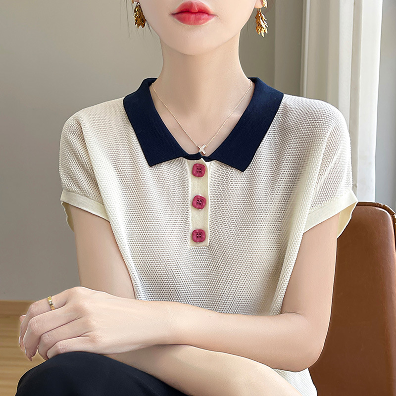 時尚洋氣薄款拼色POLO領飛飛袖針織短袖