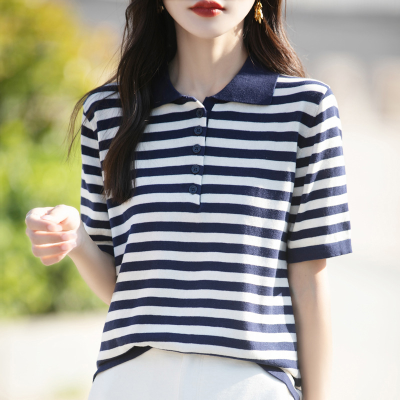 時尚減齡拼色POLO領條紋針織短袖