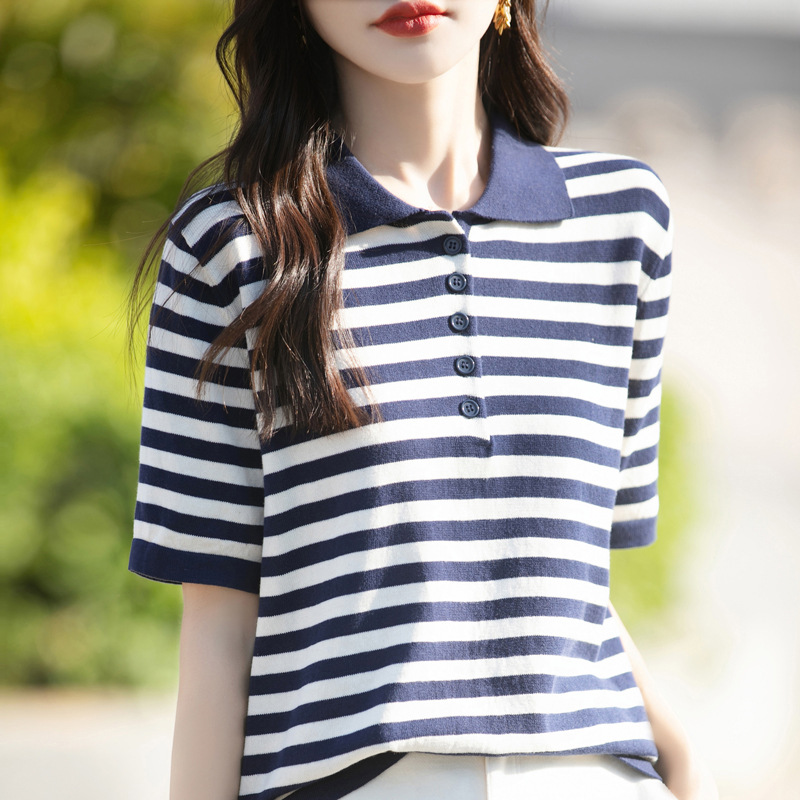 時尚減齡拼色POLO領條紋針織短袖