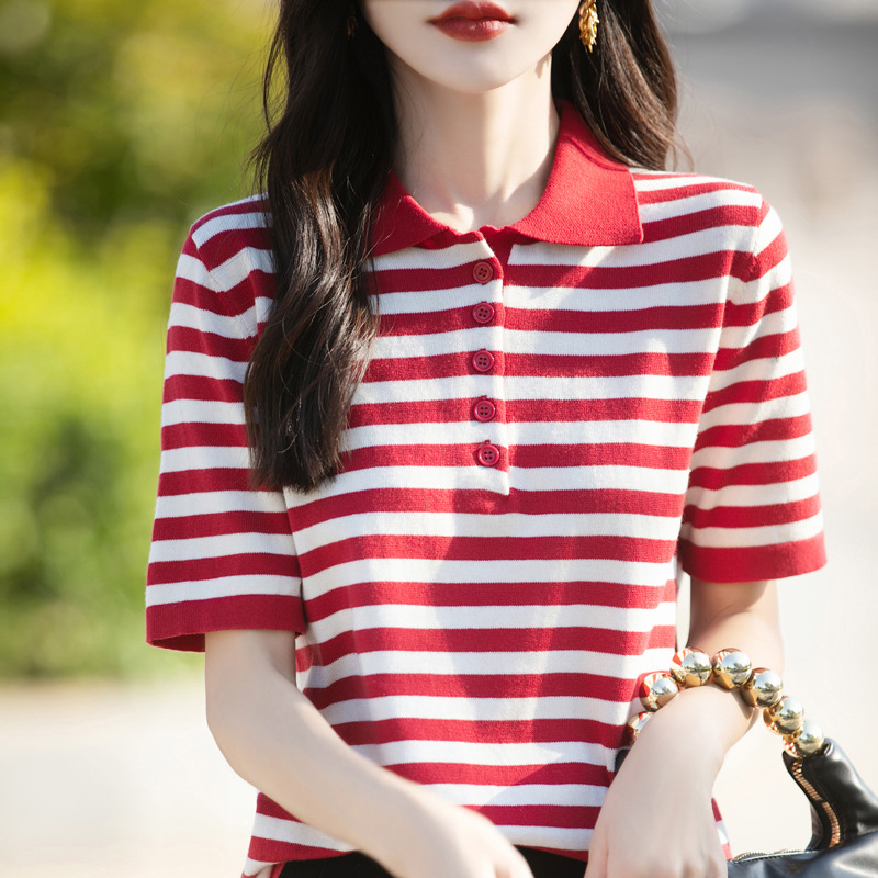 時尚減齡拼色POLO領條紋針織短袖