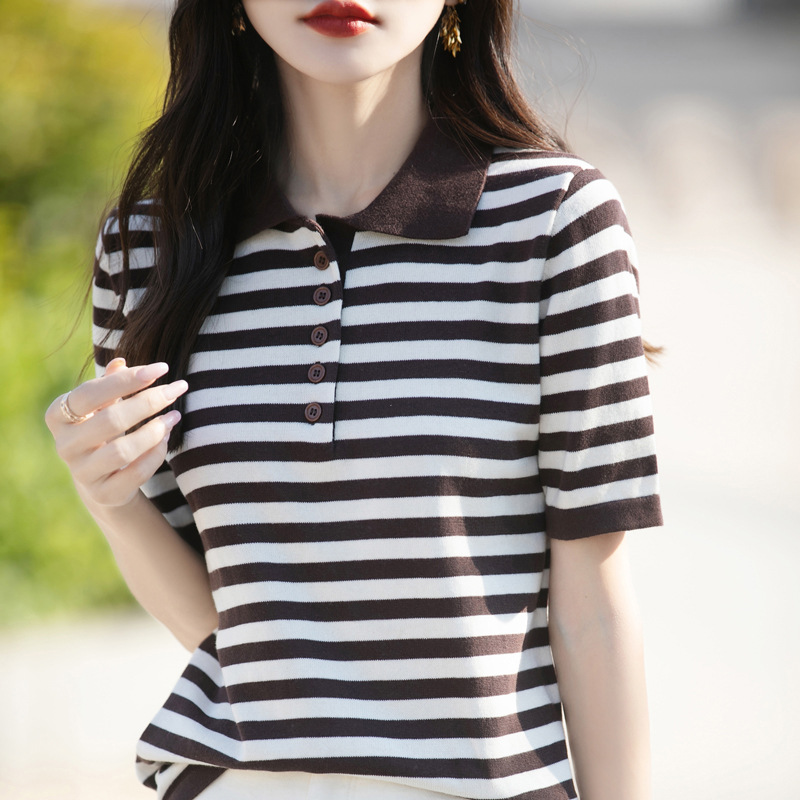 時尚減齡拼色POLO領條紋針織短袖