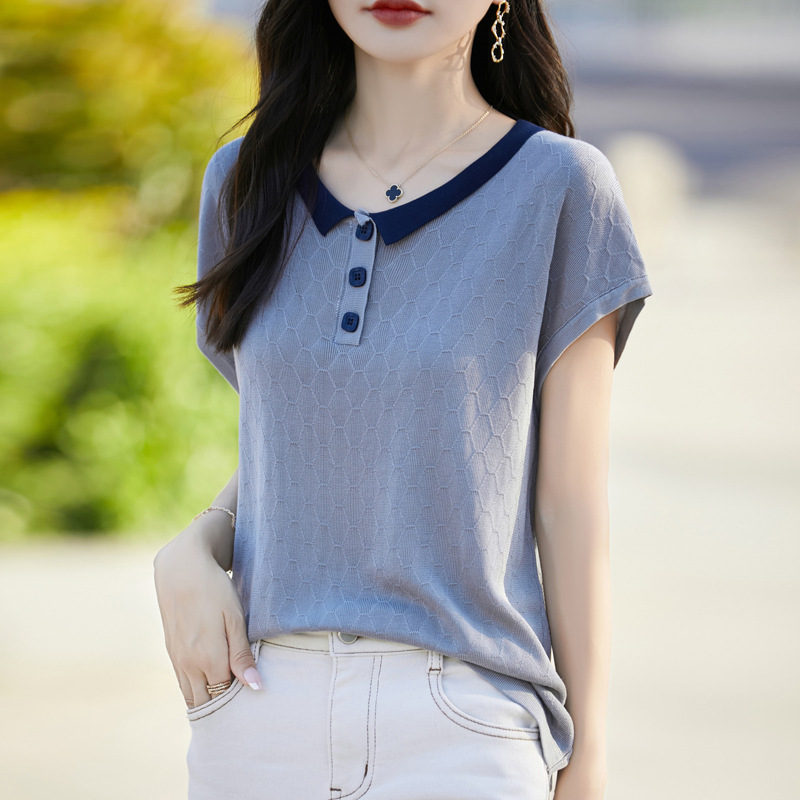 韓系簡約通勤百搭撞色翻領菱格針織短袖