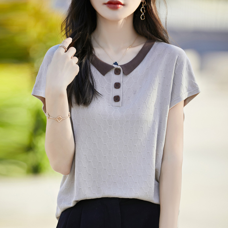 韓系簡約通勤百搭撞色翻領菱格針織短袖