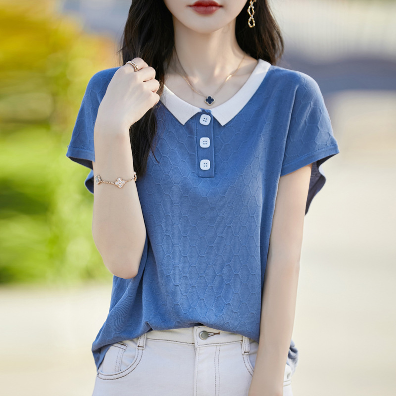 韓系簡約通勤百搭撞色翻領菱格針織短袖