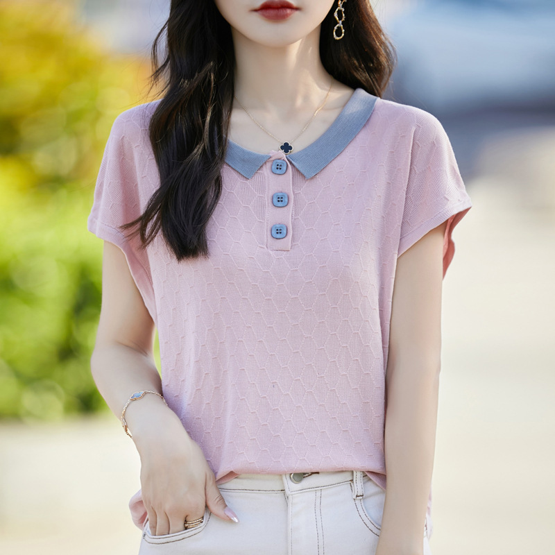 韓系簡約通勤百搭撞色翻領菱格針織短袖