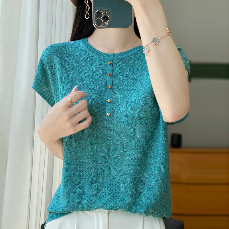 夏季薄款鏤空鉤花圓領冰絲扣針織短袖