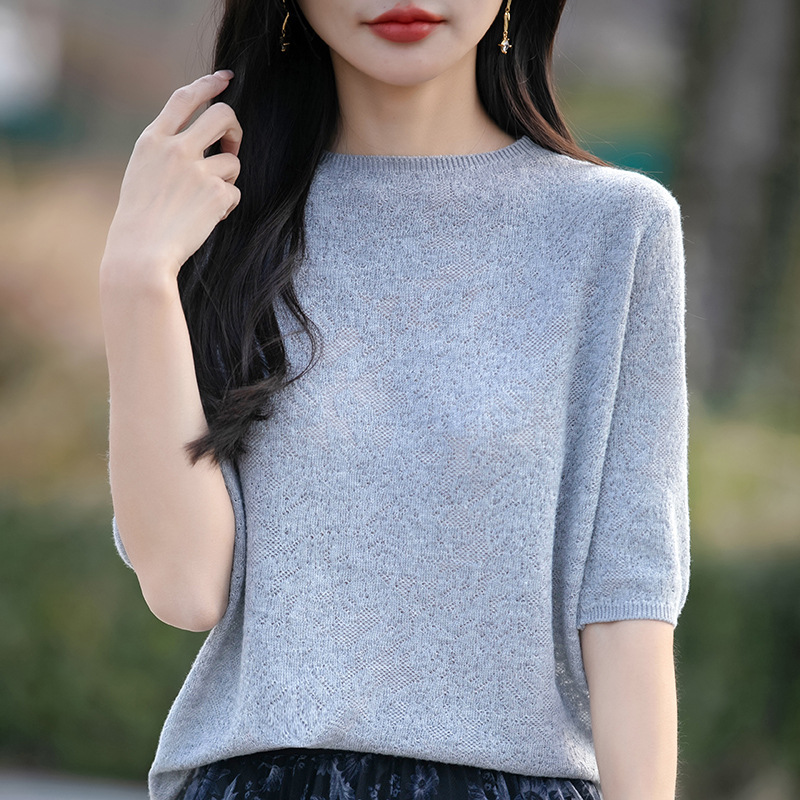 百搭套頭氣質鏤空鈎花打底針織短袖