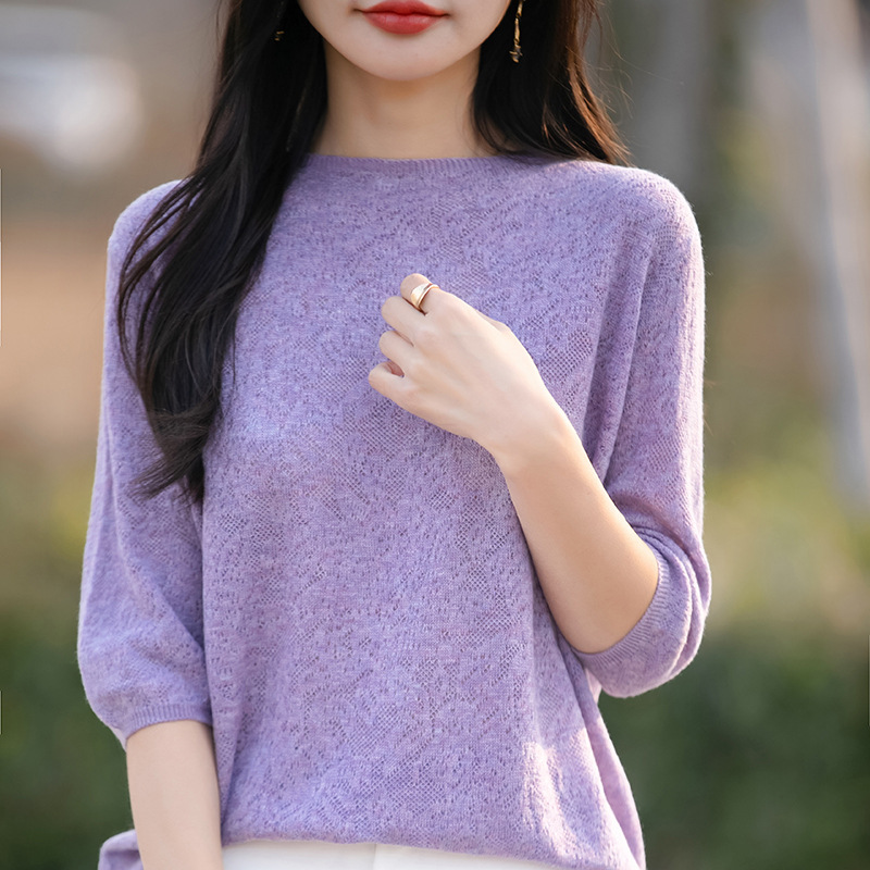 百搭套頭氣質鏤空鈎花打底針織短袖