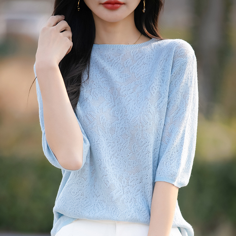 百搭套頭氣質鏤空鈎花打底針織短袖