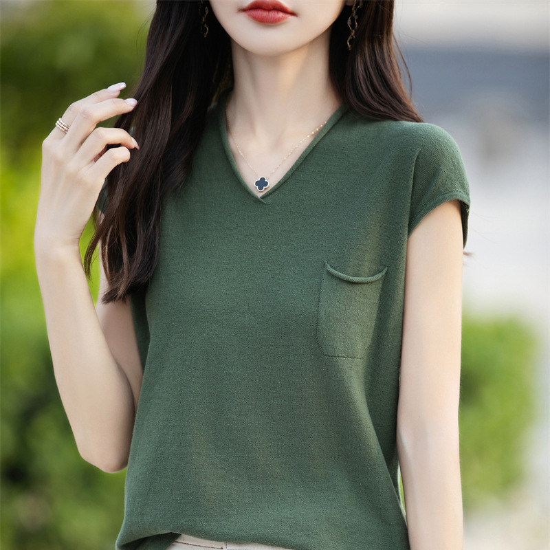 夏季新款百搭顯瘦捲邊寬鬆休閒v領純棉針織短袖