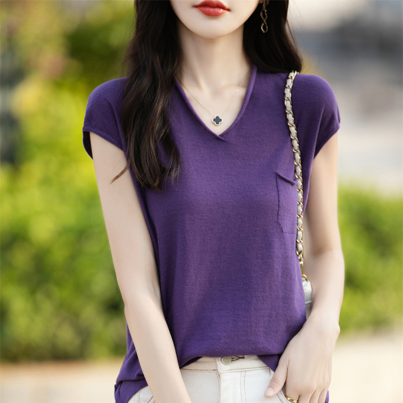 夏季新款百搭顯瘦捲邊寬鬆休閒v領純棉針織短袖