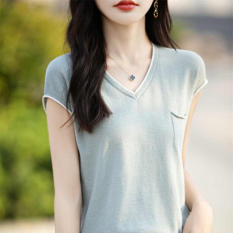 韓版V領拼色純棉帶口袋針織短袖