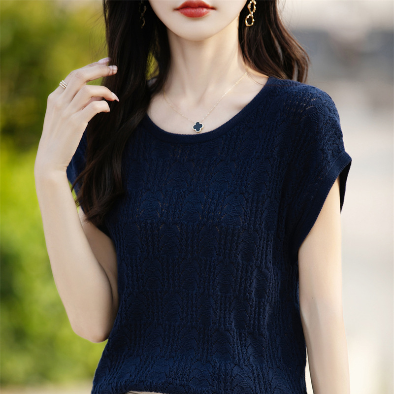 夏季輕薄透氣簡約圓領絞花鏤空純棉針織短袖