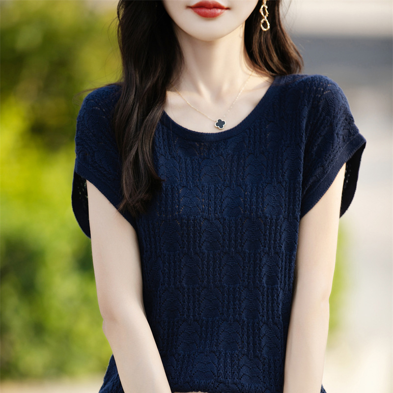 夏季輕薄透氣簡約圓領絞花鏤空純棉針織短袖