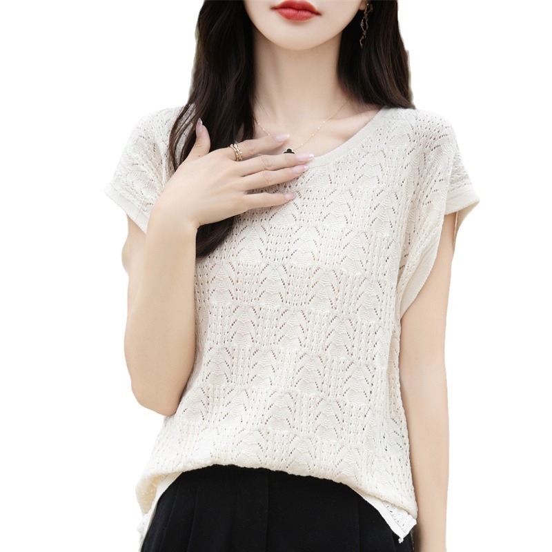 夏季輕薄透氣簡約圓領絞花鏤空純棉針織短袖