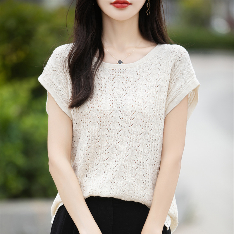 夏季輕薄透氣簡約圓領絞花鏤空純棉針織短袖