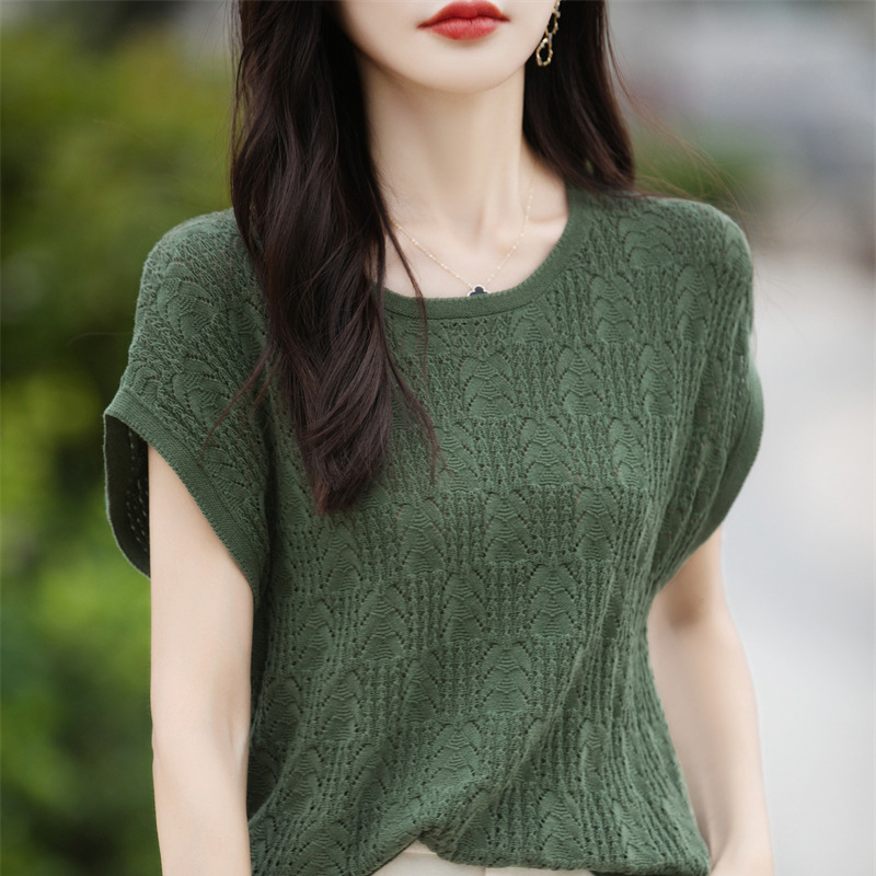 夏季輕薄透氣簡約圓領絞花鏤空純棉針織短袖