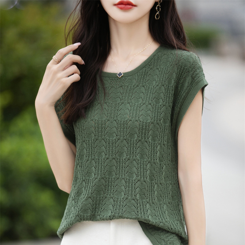 夏季輕薄透氣簡約圓領絞花鏤空純棉針織短袖