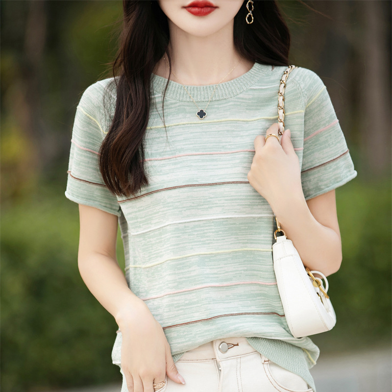 洋氣減齡條紋夾花插肩針織衫短袖T卹