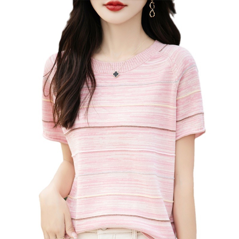 洋氣減齡條紋夾花插肩針織衫短袖T卹