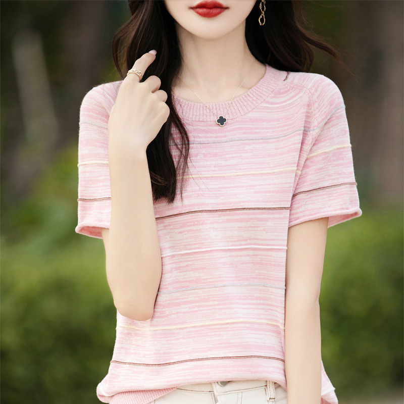 洋氣減齡條紋夾花插肩針織衫短袖T卹