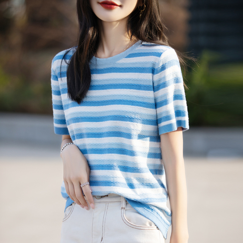 小清新夏季純棉圓領拼色條紋針織短袖