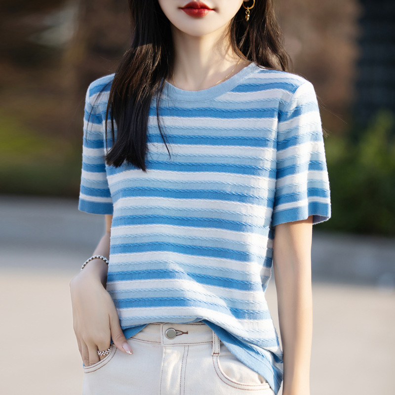 小清新夏季純棉圓領拼色條紋針織短袖