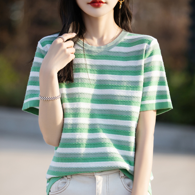 小清新夏季純棉圓領拼色條紋針織短袖