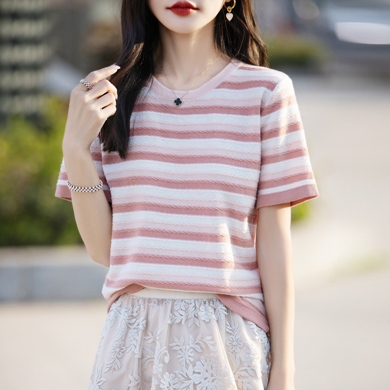 小清新夏季純棉圓領拼色條紋針織短袖