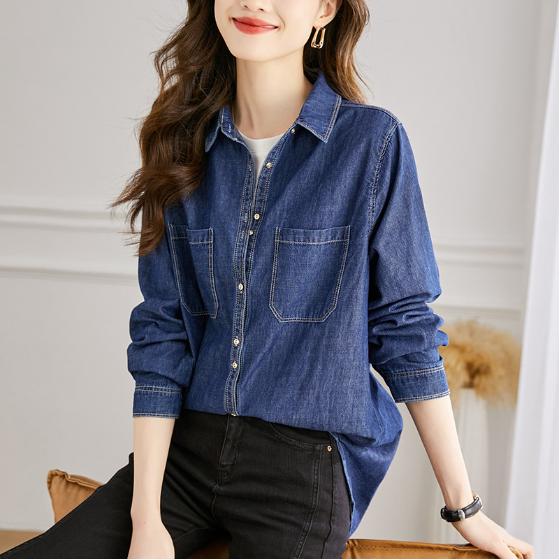 復古高級感純棉寬鬆顯瘦丹寧襯衫