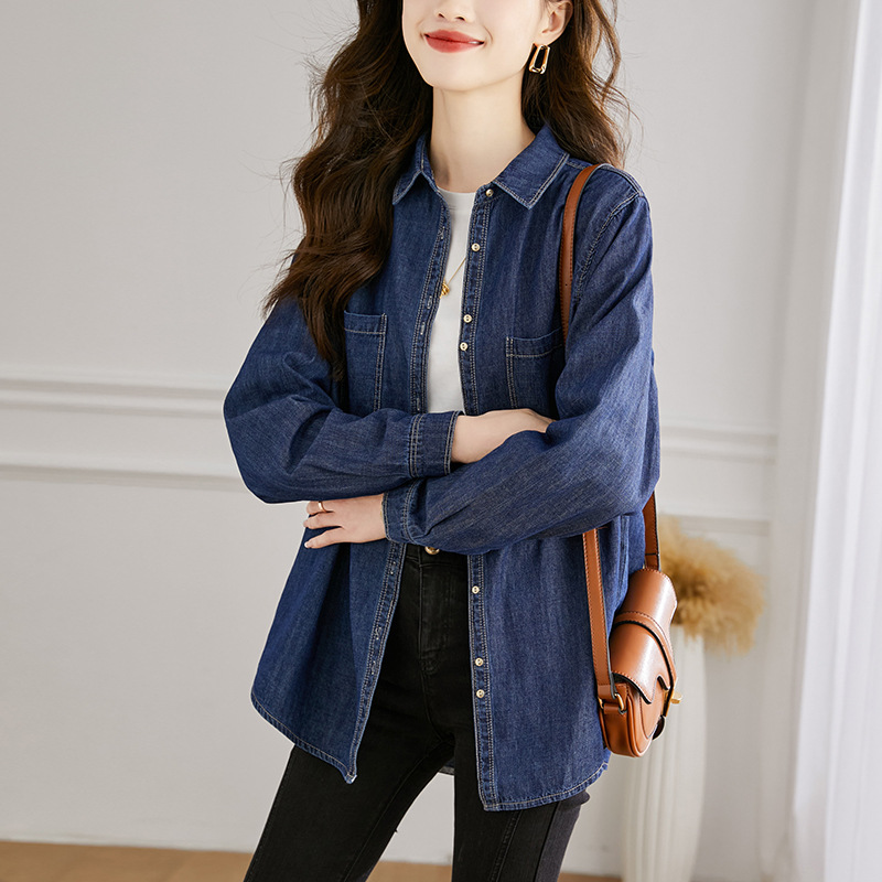 復古高級感純棉寬鬆顯瘦丹寧襯衫