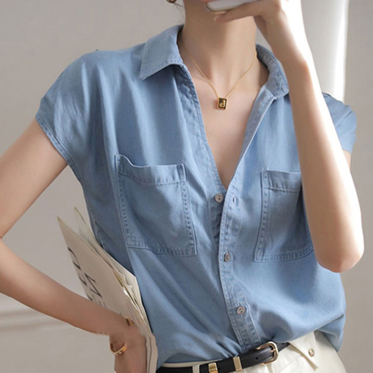 設計感小眾復古氣質上衣天絲牛仔襯衫短袖
